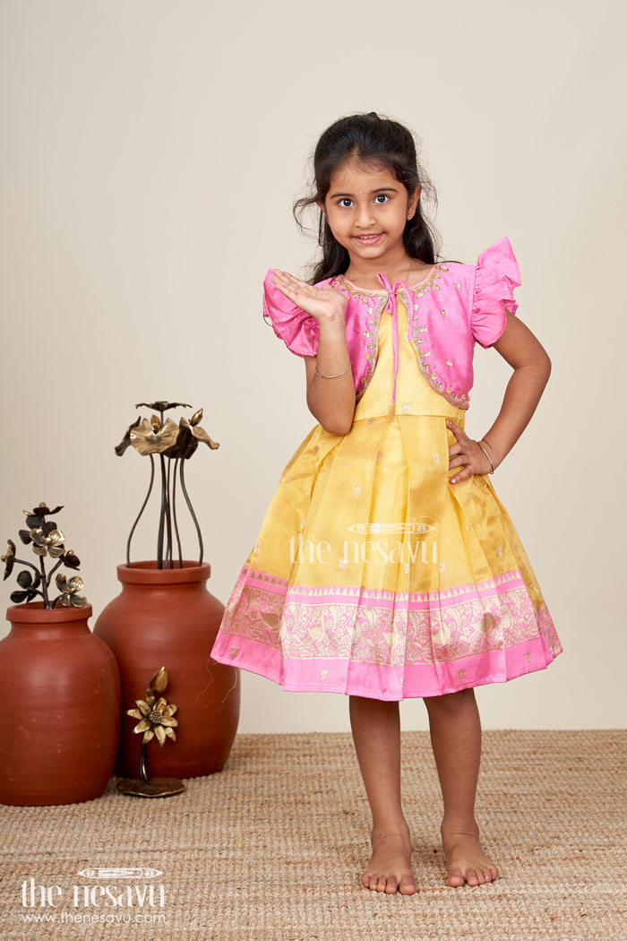 The Nesavu Silk Frock Baby girl traditional silk frock for birthday and ethnic photoshoots Nesavu 16 (1Y) / Pink SF1054A-16 Nesavu pink and yellow silk frock for baby girls with tissue bottom ideal for birthdays and naming functions