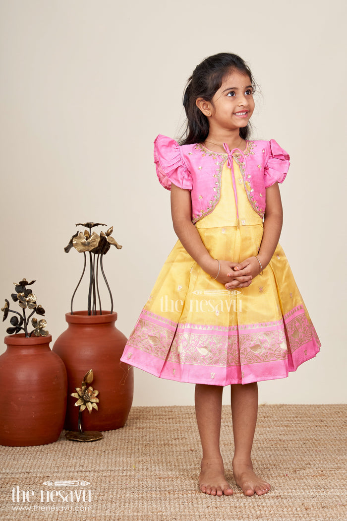 The Nesavu Silk Frock Baby girl traditional silk frock for birthday and ethnic photoshoots Nesavu Nesavu pink and yellow silk frock for baby girls with tissue bottom ideal for birthdays and naming functions