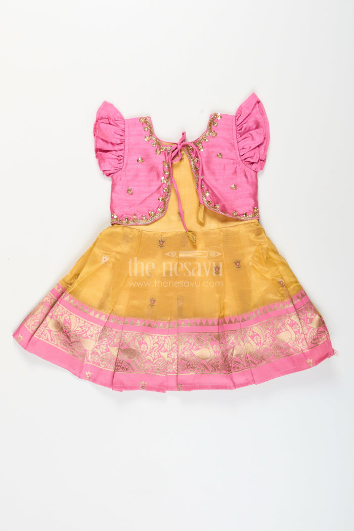 The Nesavu Silk Frock Baby girl traditional silk frock for birthday and ethnic photoshoots Nesavu Nesavu pink and yellow silk frock for baby girls with tissue bottom ideal for birthdays and naming functions