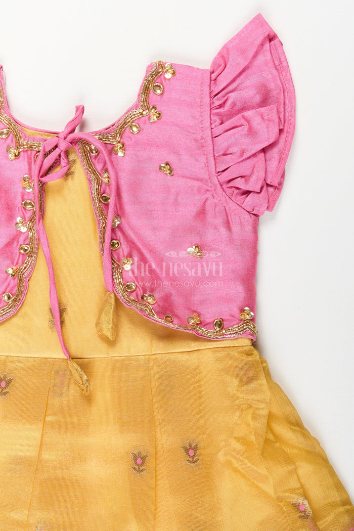 The Nesavu Silk Frock Baby girl traditional silk frock for birthday and ethnic photoshoots Nesavu Nesavu pink and yellow silk frock for baby girls with tissue bottom ideal for birthdays and naming functions