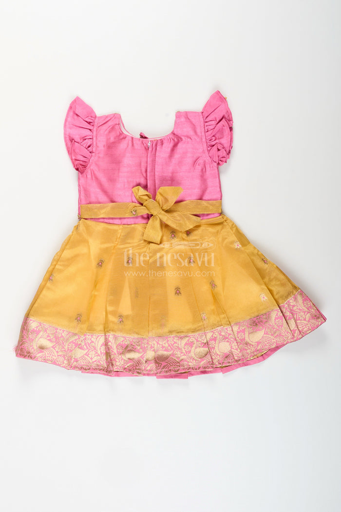 The Nesavu Silk Frock Baby girl traditional silk frock for birthday and ethnic photoshoots Nesavu Nesavu pink and yellow silk frock for baby girls with tissue bottom ideal for birthdays and naming functions