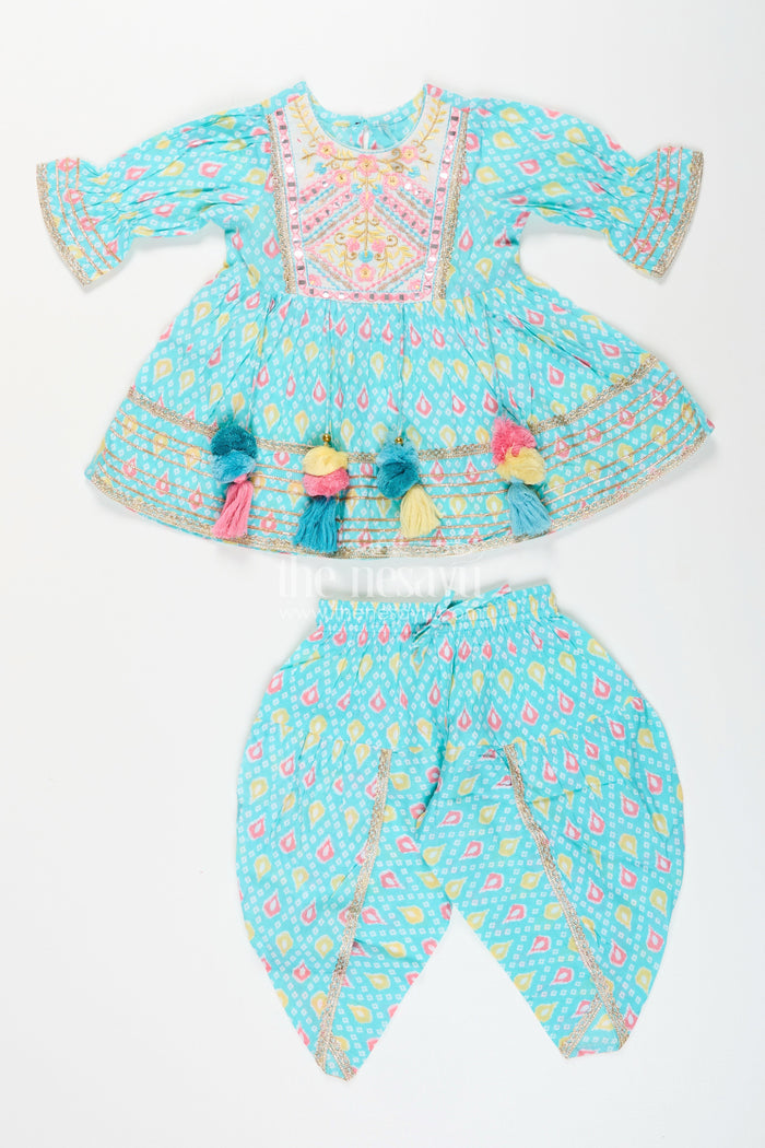 The Nesavu Girls Sharara / Plazo Set Baby girl turquoise sharara set for festive occasions and playdates Nesavu Nesavu baby girl cotton sharara set block print turquoise festive events