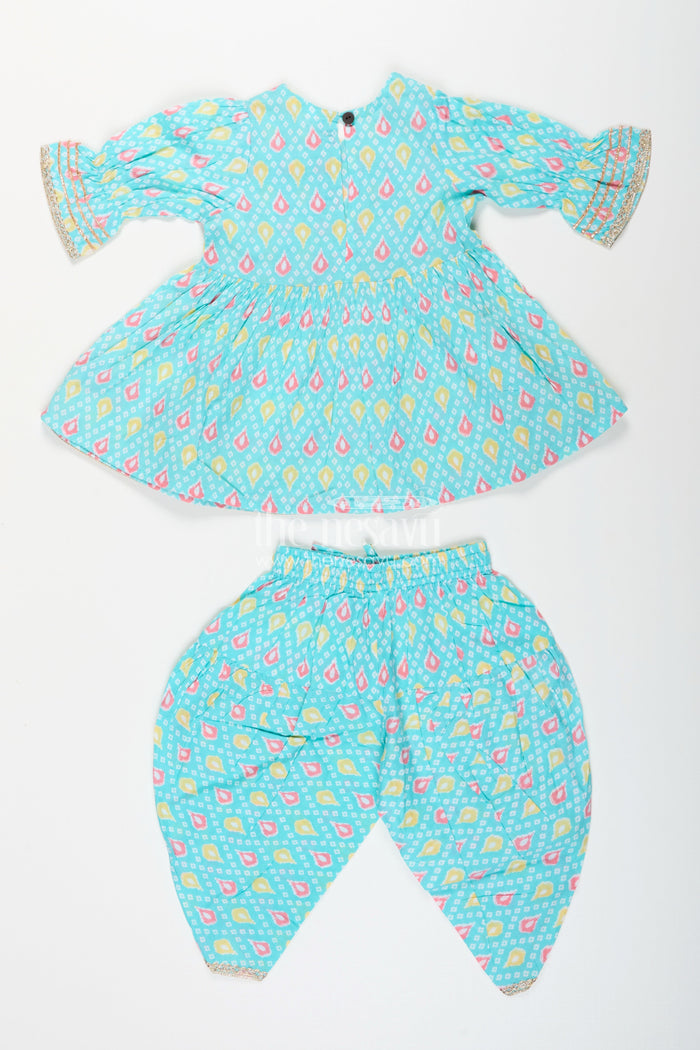 The Nesavu Girls Sharara / Plazo Set Baby girl turquoise sharara set for festive occasions and playdates Nesavu Nesavu baby girl cotton sharara set block print turquoise festive events