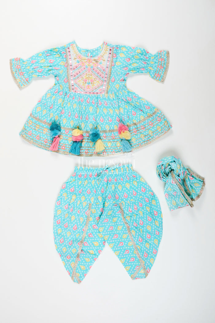 The Nesavu Girls Sharara / Plazo Set Baby girl turquoise sharara set for festive occasions and playdates Nesavu Nesavu baby girl cotton sharara set block print turquoise festive events
