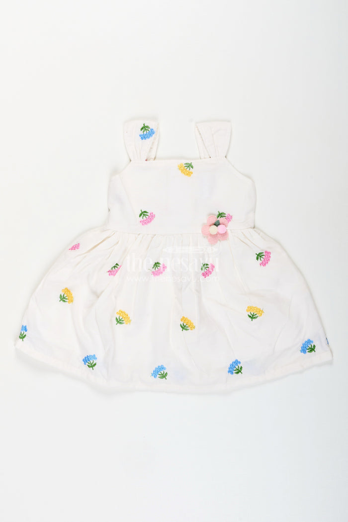The Nesavu Baby Cotton Frocks Baby girl white cotton frock with floral embroidery for casual outings Nesavu 14 (6M) / White BFJ853A-14 Nesavu baby girl white cotton frock with pastel floral embroidery for casual summer days