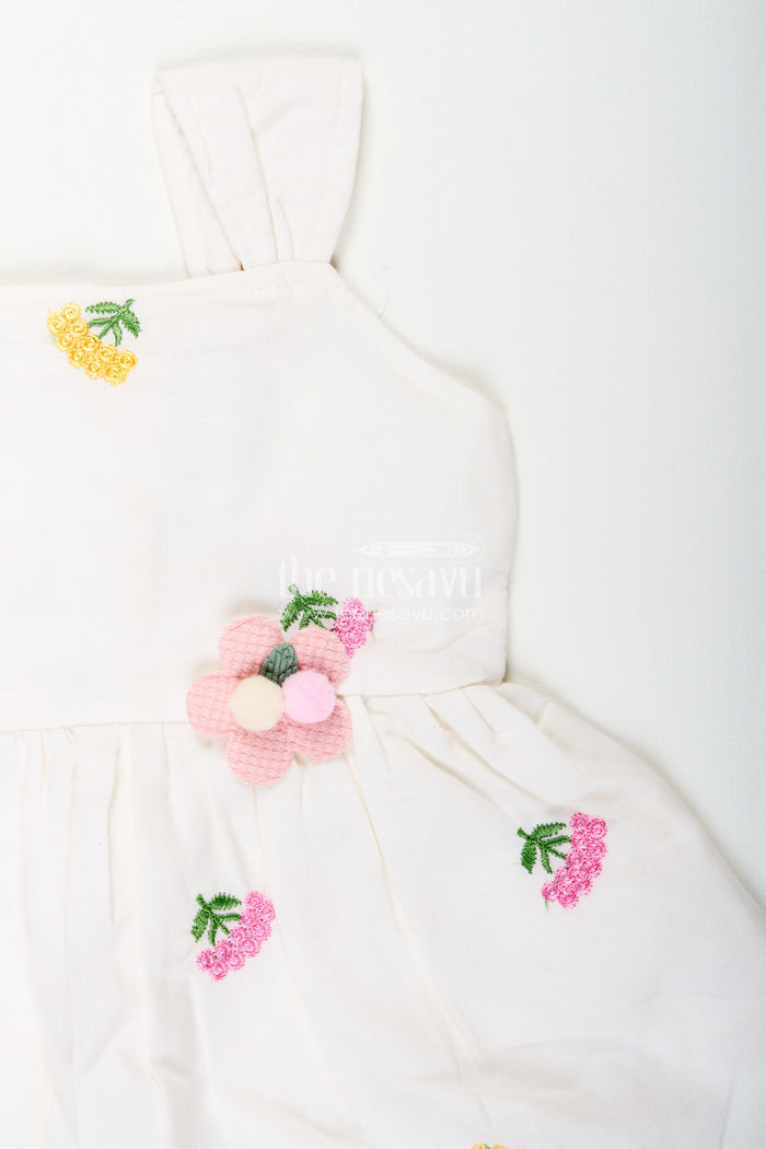 The Nesavu Baby Cotton Frocks Baby girl white cotton frock with floral embroidery for casual outings Nesavu Nesavu baby girl white cotton frock with pastel floral embroidery for casual summer days