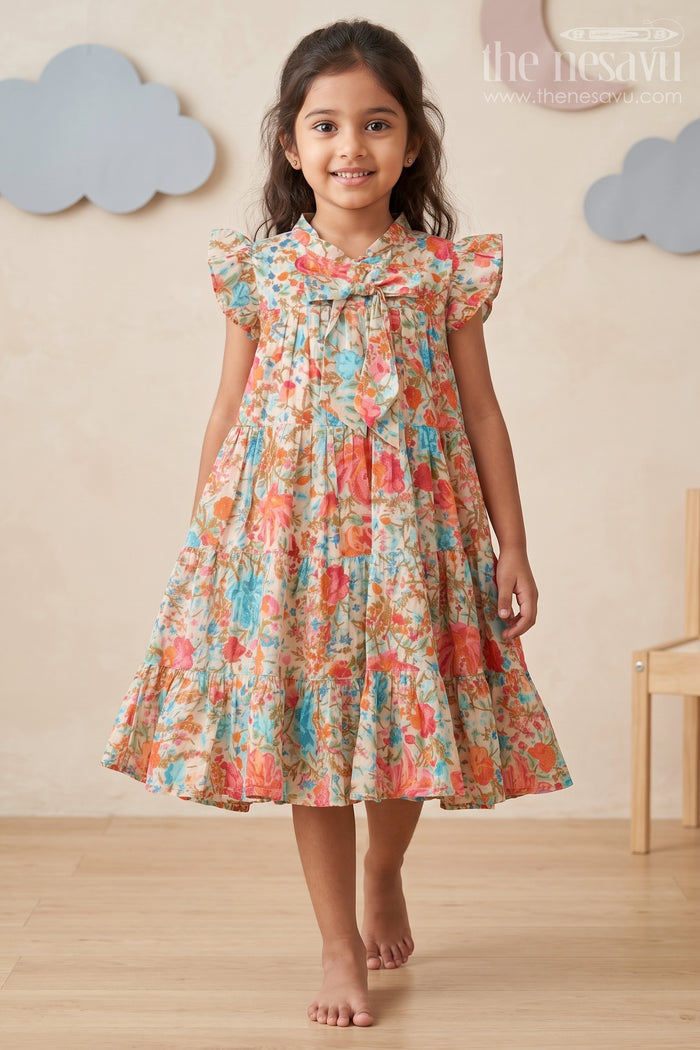 The Nesavu Girls Cotton Frock Baby Girls Cotton Frock in Floral Digital Print with Ruffle Sleeves and Front Bow Nesavu 18 (2Y) / Multicolor GFC1701A-18 Baby Girls Cotton Frock Colorful Floral Digital Print Ruffle Sleeve Design | The Nesavu