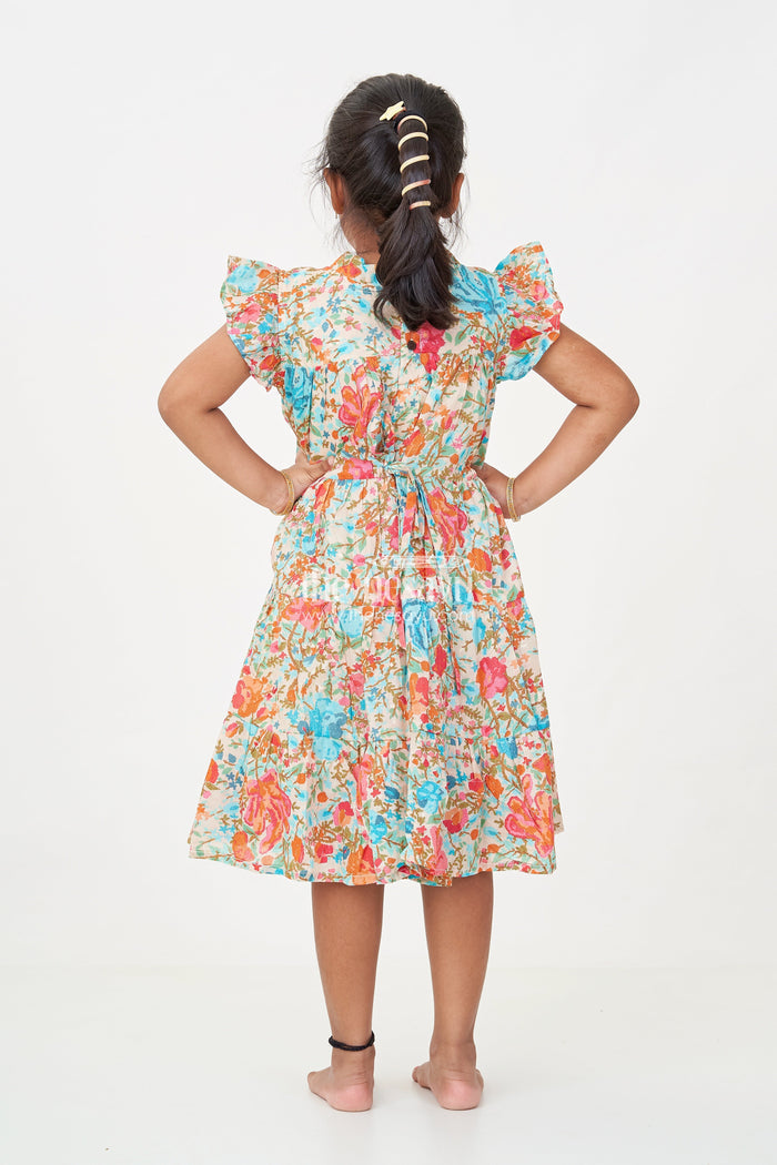 The Nesavu Girls Cotton Frock Baby Girls Cotton Frock in Floral Digital Print with Ruffle Sleeves and Front Bow Nesavu Nesavu Baby Girls Cotton Frock Colorful Floral Digital Print Ruffle Sleeve Design