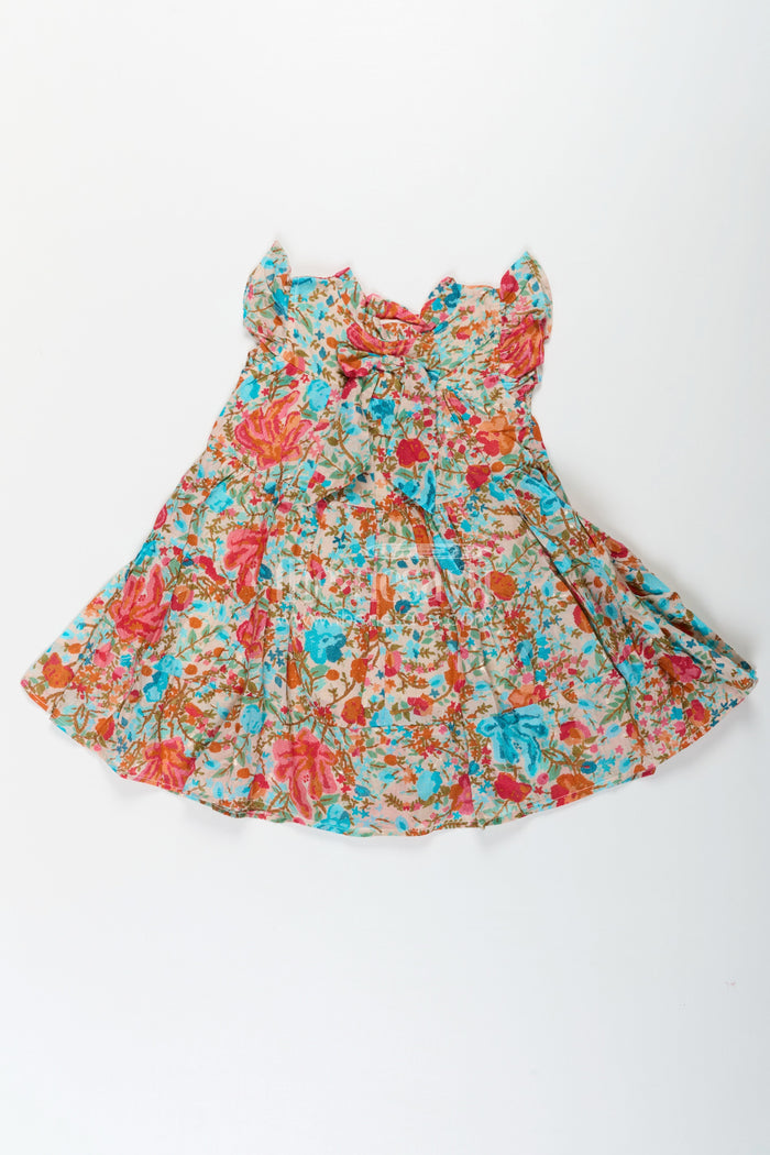 The Nesavu Girls Cotton Frock Baby Girls Cotton Frock in Floral Digital Print with Ruffle Sleeves and Front Bow Nesavu Nesavu Baby Girls Cotton Frock Colorful Floral Digital Print Ruffle Sleeve Design