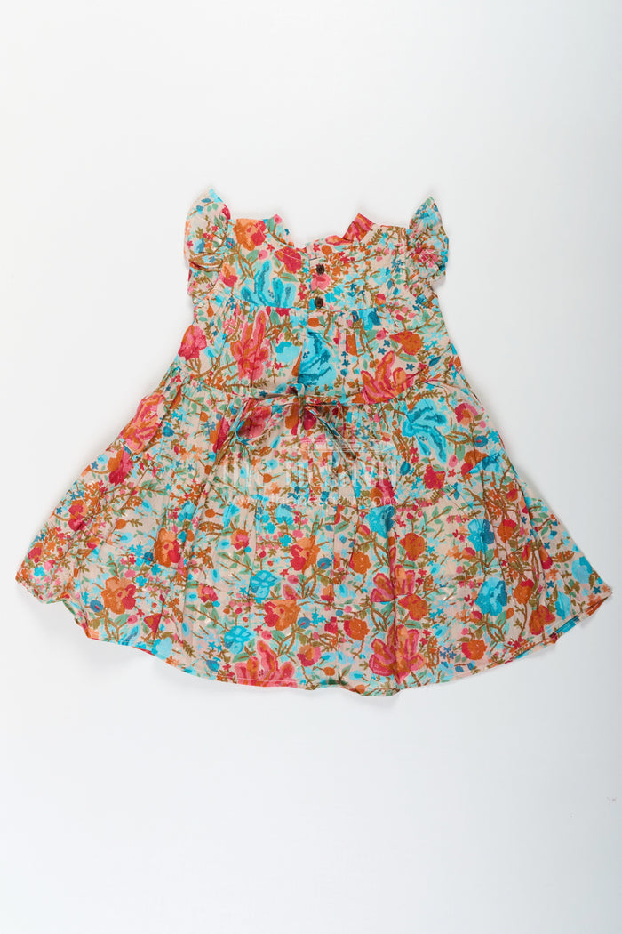The Nesavu Girls Cotton Frock Baby Girls Cotton Frock in Floral Digital Print with Ruffle Sleeves and Front Bow Nesavu Nesavu Baby Girls Cotton Frock Colorful Floral Digital Print Ruffle Sleeve Design