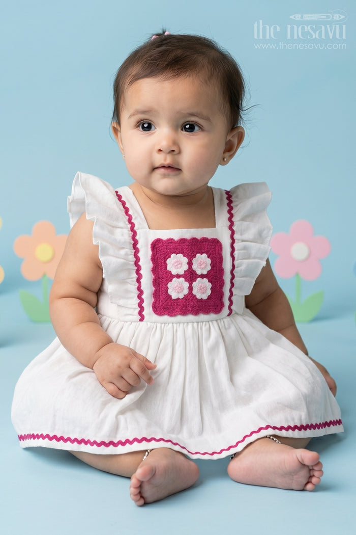 The Nesavu Baby Cotton Frocks Baby Girls Frock Suit White with Embroidered Bodice and Flowy Rayon Skirt for a Classic Look Nesavu 14 (6M) / White BFJ739A-14 Baby Girls Frock Suit White Embroidered Bodice Flowy Rayon Skirt | The Nesavu