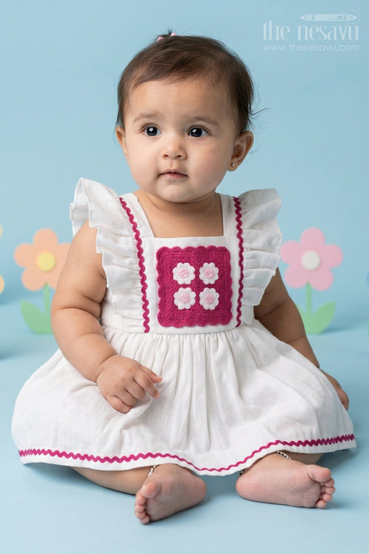 The Nesavu Baby Cotton Frocks Baby Girls Frock Suit White with Embroidered Bodice and Flowy Rayon Skirt for a Classic Look Nesavu 14 (6M) / White BFJ739A-14 Baby Girls Frock Suit White Embroidered Bodice Flowy Rayon Skirt | The Nesavu