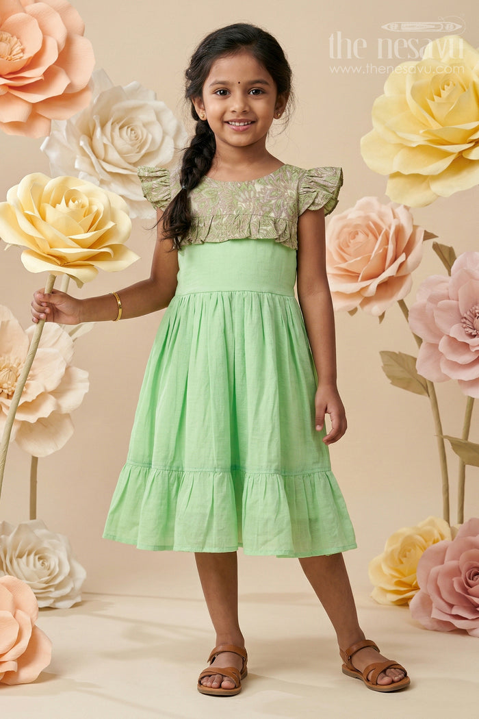 Baby Girls Green Cotton Frock Printed Ruffle Yoke Dress for Birthdays