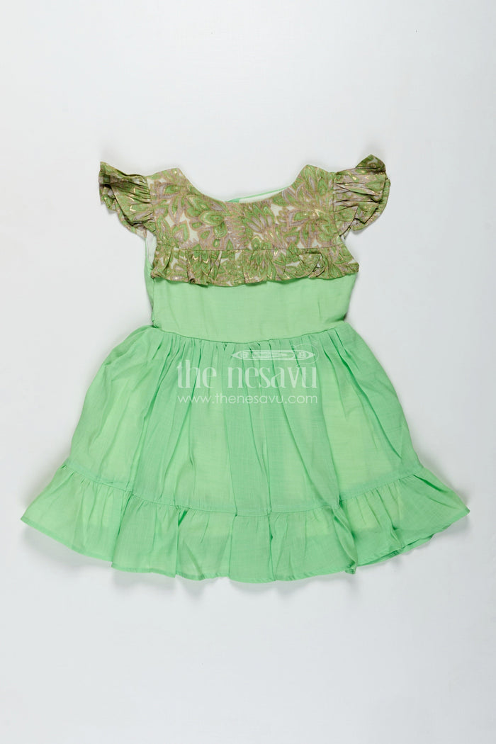 The Nesavu Girls Cotton Frock Baby Girls Green Cotton Frock Printed Ruffle Yoke Dress for Birthdays Nesavu 18 (2Y) / Green GFC1854A-18 Nesavu Green Frock Baby Girls Cotton Dress Printed Ruffle Yoke Birthdays