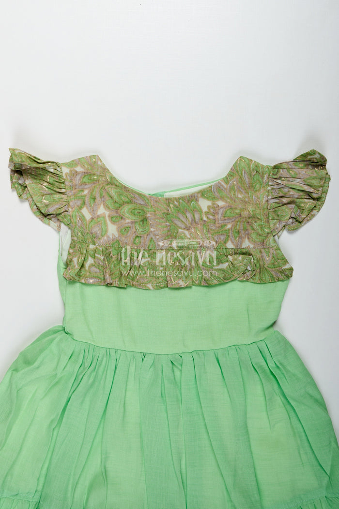 The Nesavu Girls Cotton Frock Baby Girls Green Cotton Frock Printed Ruffle Yoke Dress for Birthdays Nesavu Nesavu Green Frock Baby Girls Cotton Dress Printed Ruffle Yoke Birthdays