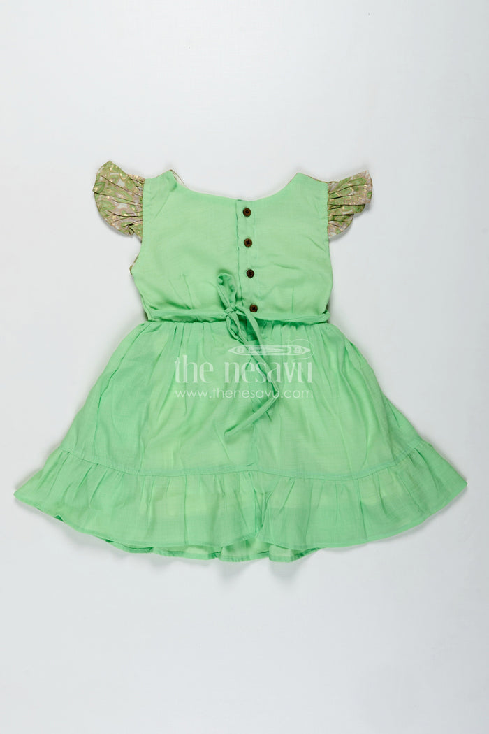 The Nesavu Girls Cotton Frock Baby Girls Green Cotton Frock Printed Ruffle Yoke Dress for Birthdays Nesavu Nesavu Green Frock Baby Girls Cotton Dress Printed Ruffle Yoke Birthdays