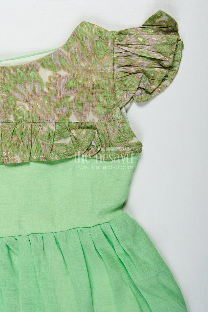 The Nesavu Girls Cotton Frock Baby Girls Green Cotton Frock Printed Ruffle Yoke Dress for Birthdays Nesavu Nesavu Green Frock Baby Girls Cotton Dress Printed Ruffle Yoke Birthdays