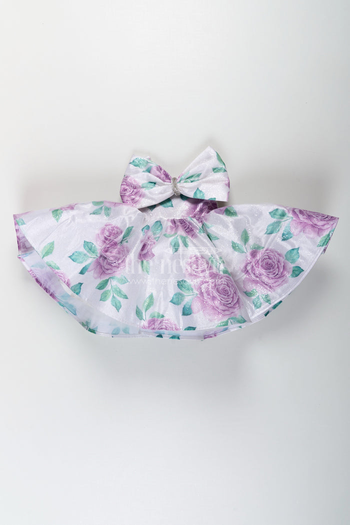 The Nesavu Baby Fancy Frock Baby Girls Lavender Party Dress in Organza Shimmer with Digital Floral Print and Bow Accent Nesavu Nesavu Baby Girls Lavender Party Dress Organza Shimmer Digital Floral Print Bow