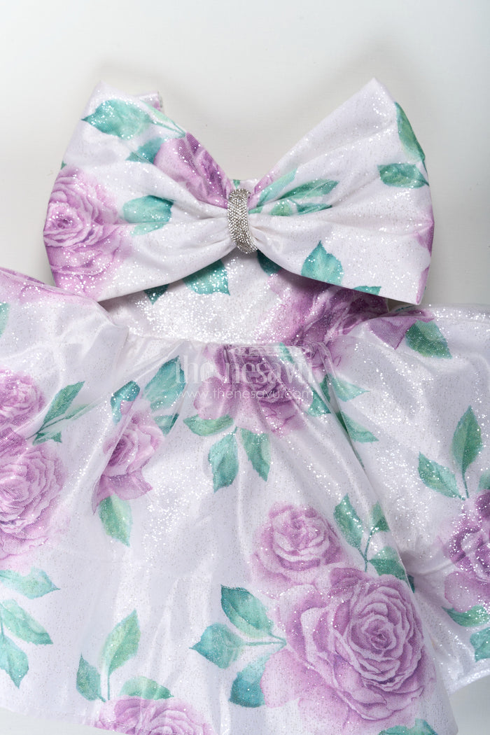 The Nesavu Baby Fancy Frock Baby Girls Lavender Party Dress in Organza Shimmer with Digital Floral Print and Bow Accent Nesavu Nesavu Baby Girls Lavender Party Dress Organza Shimmer Digital Floral Print Bow