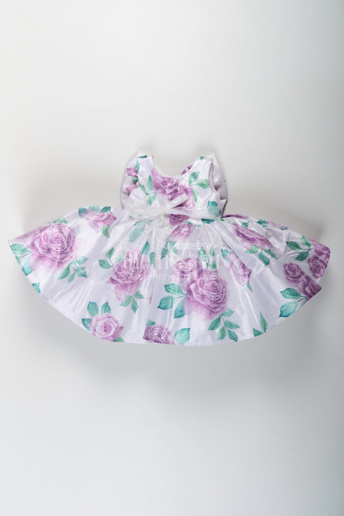The Nesavu Baby Fancy Frock Baby Girls Lavender Party Dress in Organza Shimmer with Digital Floral Print and Bow Accent Nesavu Nesavu Baby Girls Lavender Party Dress Organza Shimmer Digital Floral Print Bow