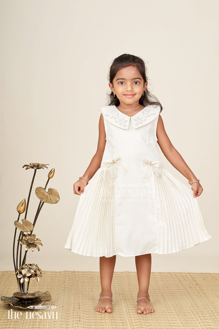 The Nesavu Girls Fancy Frock Bacchon Ki Dress Cream Girls Fancy Frock in Cotton Satin with Pleated Panels and Glitter Bow Accents Nesavu 18 (2Y) / Cream GFC1784A-18 Nesavu Bacchon Ki Dress Cream Girls Frock Cotton Satin Glitter Bows Elegant Pleats