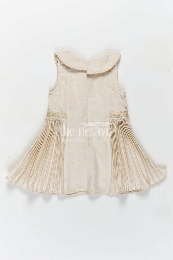 The Nesavu Girls Fancy Frock Bacchon Ki Dress Cream Girls Fancy Frock in Cotton Satin with Pleated Panels and Glitter Bow Accents Nesavu Nesavu Bacchon Ki Dress Cream Girls Frock Cotton Satin Glitter Bows Elegant Pleats