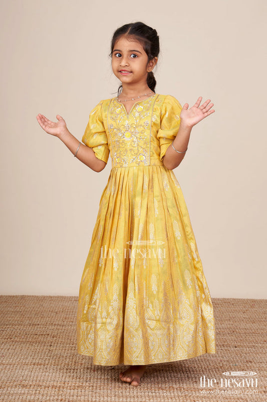 The Nesavu Girls Silk Gown Banarasi Silk Gown with Designer Yoke Elegant Traditional Dress for Girls Nesavu 20 (3Y) / Yellow GA378B-20 Girls Banarasi silk gown embroidered yoke  Nesavu ethnic wear