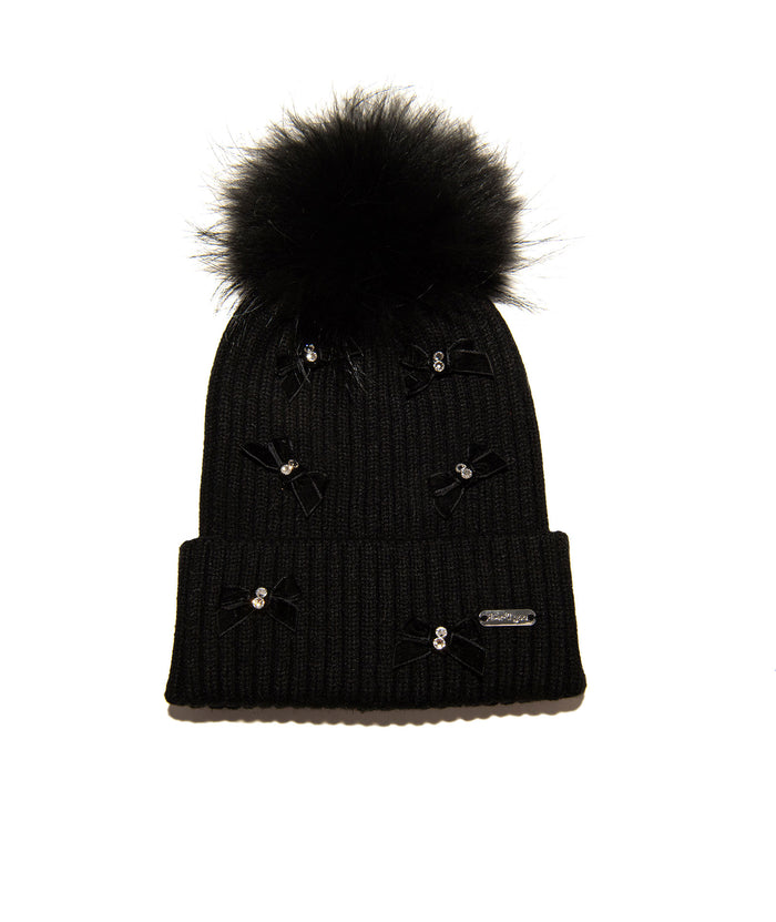 Bari Lynn Velour Bows Winter Hat Distressed/seasonal accessories Bari Lynn Black One Size Fits Most (Y/7-Y/14)