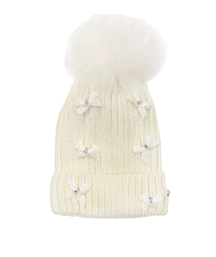 Bari Lynn Velour Bows Winter Hat Distressed/seasonal accessories Bari Lynn Ivory One Size Fits Most (Y/7-Y/14)