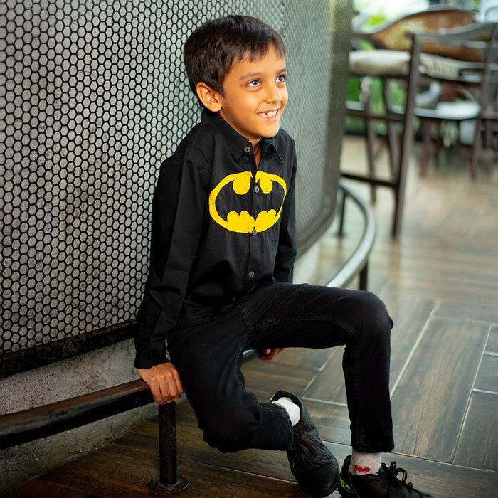 Bat Superhero Chest Icon Embroidered Organic Cotton Shirt - Black (1-14 Years)