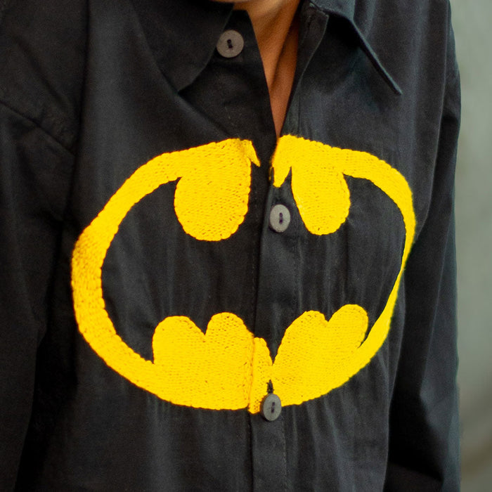 Bat Superhero Chest Icon Embroidered Organic Cotton Shirt - Black (1-14 Years)