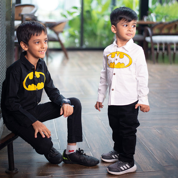 Bat Superhero Chest Icon Embroidered Organic Cotton Shirt - Black (1-14 Years)