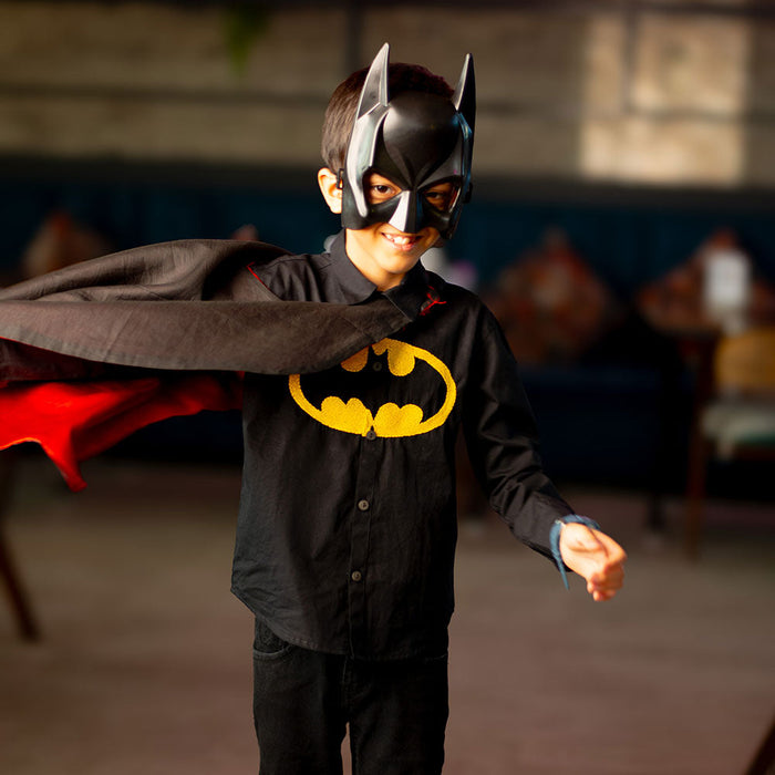 Bat Superhero Chest Icon Embroidered Organic Cotton Shirt - Black (1-14 Years)