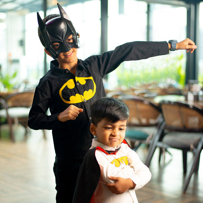 Bat Superhero Chest Icon Embroidered Organic Cotton Shirt - Black (1-14 Years)