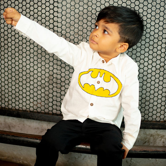 Bat Superhero Chest Icon Embroidered Organic Cotton Shirt - White (1-14 Years)