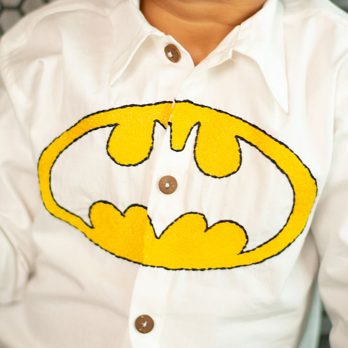 Bat Superhero Chest Icon Embroidered Organic Cotton Shirt - White (1-14 Years)