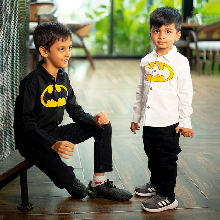 Bat Superhero Chest Icon Embroidered Organic Cotton Shirt - White (1-14 Years)