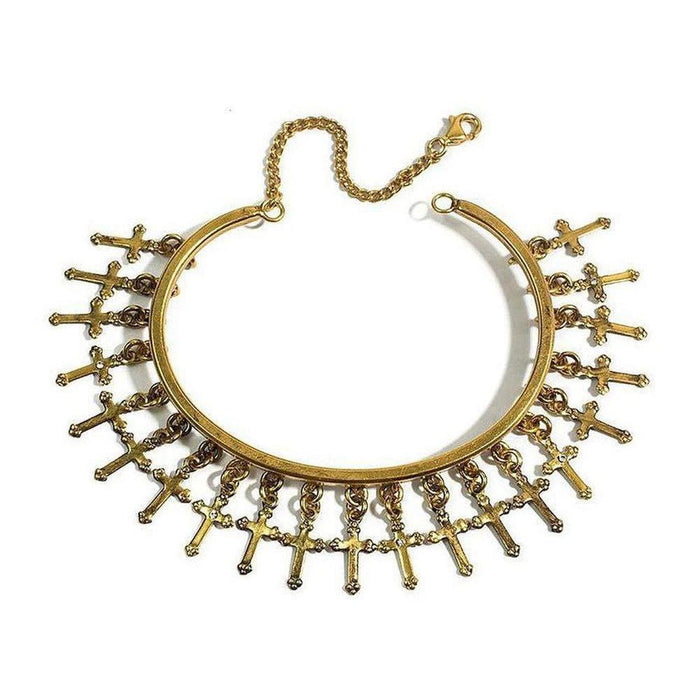 Gold Bee Fierce Cuff bracelet with dangling cross charms.