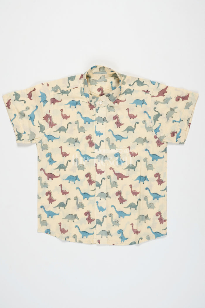 The Nesavu Boys Cotton Shirt Beige Boys Cotton Shirt with Dinosaur Print Half Sleeves Playful and Comfortable Fit Nesavu 16 (1Y) / Beige BS200A-16 Beige Dinosaur Print Boys Cotton Shirt Nesavu Playful Half Sleeves Comfortable Casual Wear