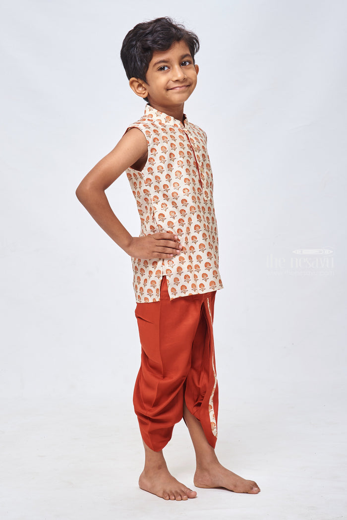 The Nesavu Boys Dothi Set Beige Floral Elegance: Delicate Kurta Matched with Vibrant Red Panchagajam for Boys Nesavu Children���s Ethnic Attire | | Boys Ethnic Kurta and Panchagajam Set | the Nesavu