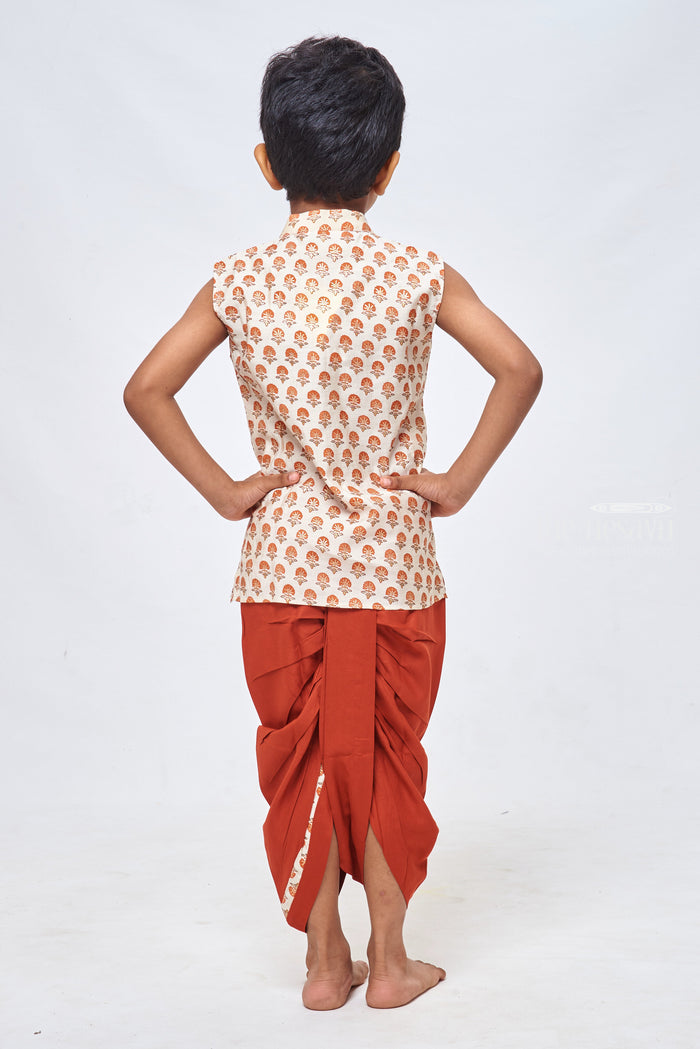 The Nesavu Boys Dothi Set Beige Floral Elegance: Delicate Kurta Matched with Vibrant Red Panchagajam for Boys Nesavu Children���s Ethnic Attire | | Boys Ethnic Kurta and Panchagajam Set | the Nesavu