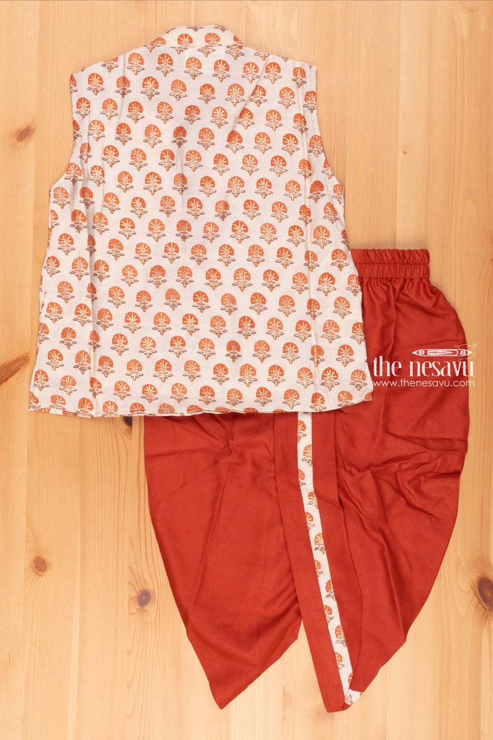 The Nesavu Boys Dothi Set Beige Floral Elegance: Delicate Kurta Matched with Vibrant Red Panchagajam for Boys Nesavu Children���s Ethnic Attire | | Boys Ethnic Kurta and Panchagajam Set | the Nesavu