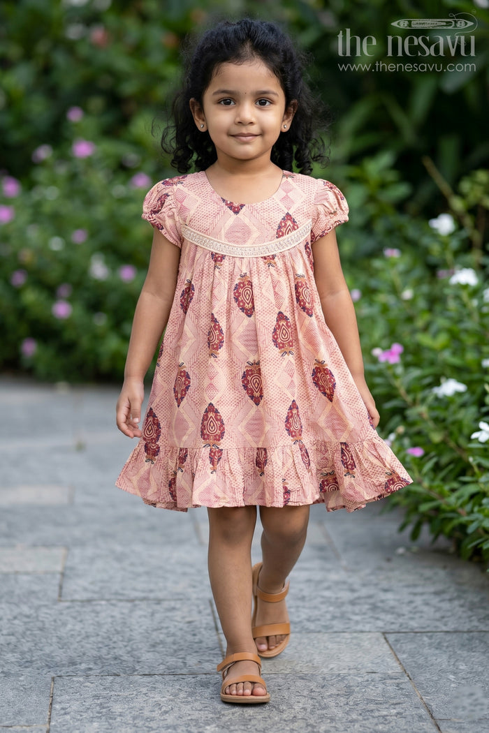 The Nesavu Girls Cotton Frock Beige Printed Cotton Frock for Girls Nesavu 16 (1Y) / Red GFC1337A-16 Beige Printed Cotton Frock for Girls - Comfortable & Stylish | The Nesavu