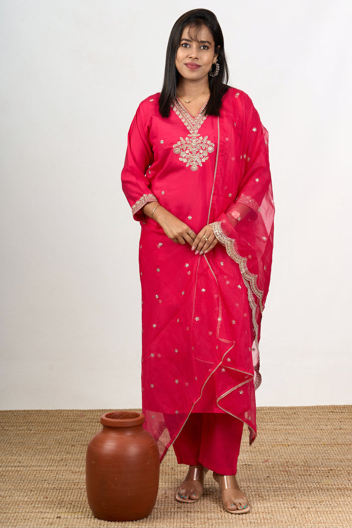 The Nesavu Womens Straight Suit Sets Best Red Lohri Function Suit Set with Gold Zari Embroidery and Dupatta Nesavu 38 (M) / Red WTH071A-38 Best Red Silk Suit Set Gold Zari Embroidery Lohri Functions | The Nesavu