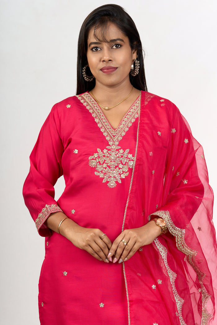 The Nesavu Womens Straight Suit Sets Best Red Lohri Function Suit Set with Gold Zari Embroidery and Dupatta Nesavu Best Red Silk Suit Set Gold Zari Embroidery Lohri Functions | The Nesavu