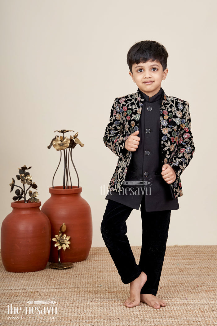 The Nesavu Boys Sherwani Black velvet floral embroidered boys sherwani with matching pants Nesavu 14 (6M) / Black BES885A-14 Nesavu black velvet boys sherwani set with floral embroidery