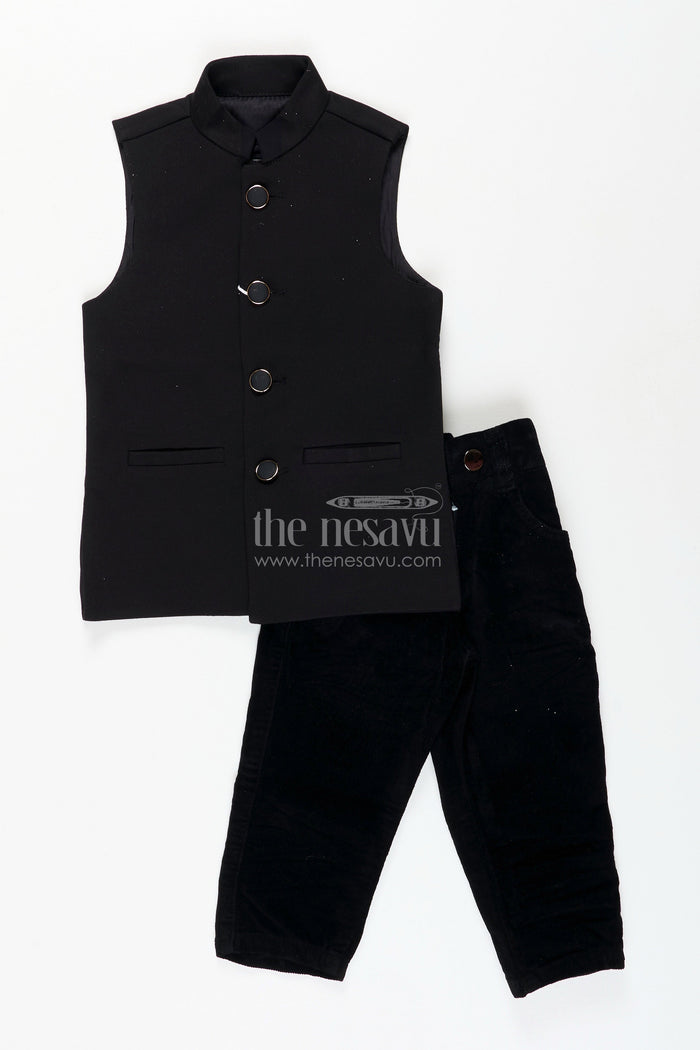 The Nesavu Boys Sherwani Black velvet floral embroidered boys sherwani with matching pants Nesavu Nesavu black velvet boys sherwani set with floral embroidery