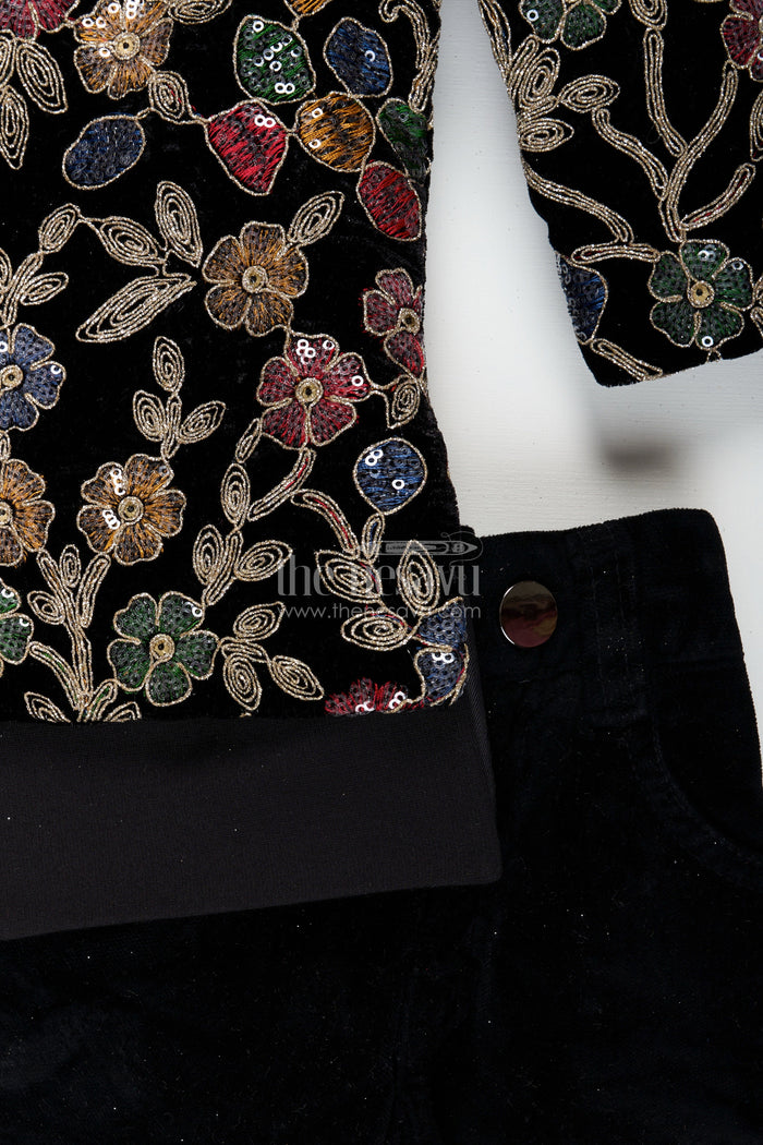 The Nesavu Boys Sherwani Black velvet floral embroidered boys sherwani with matching pants Nesavu Nesavu black velvet boys sherwani set with floral embroidery