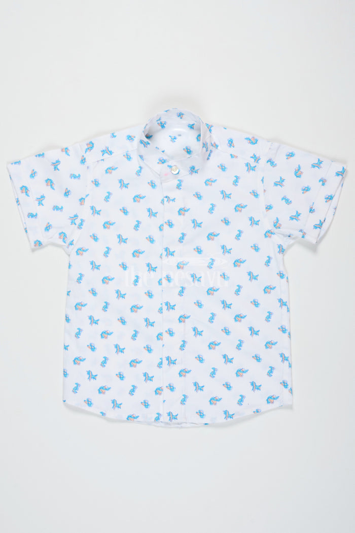 The Nesavu Boys Cotton Shirt Blue Beach Shirt for Boys with Fun Dino Print Half Sleeves Lightweight Cotton Fabric Nesavu 16 (1Y) / Blue BS194A-16 Blue Dino Print Boys Cotton Beach Shirt Nesavu Fun Half Sleeves Lightweight Casual Wear Summer
