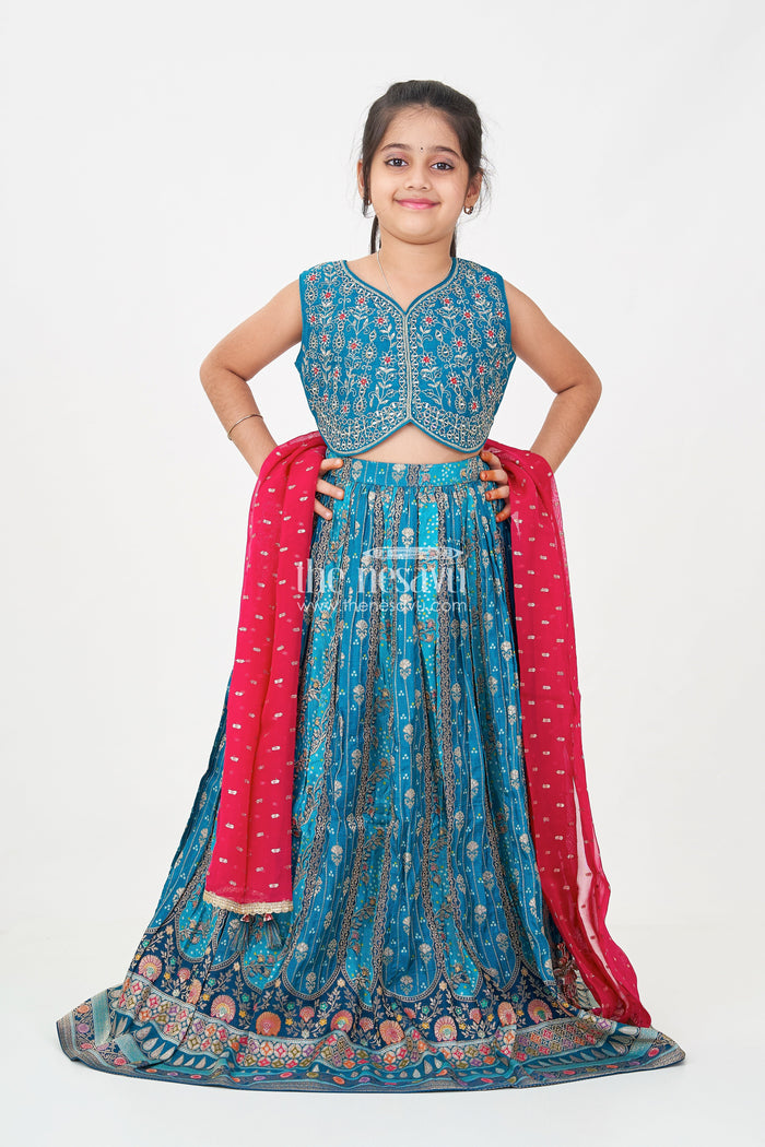 The Nesavu Girls Lehenga Choli Blue Color Lehenga Choli for Girls in Pure Viscose Silk with Mirror Embroidery and Printed Dupatta Nesavu Nesavu Blue Color Lehenga Choli for Girls in Pure Viscose Silk with Mirror Embroidery and Printed Dupatta